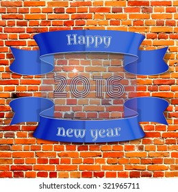 Happy New Year 2016 emblem, banner, badge pixel-brick wall background, can be used as part of the design of sales, in the printing, on websites