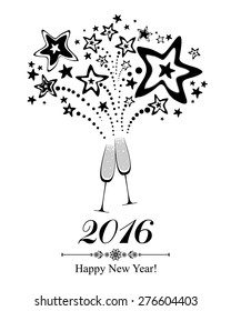 Happy new year 2016! Firework and Two Glasses isolated on white background. Vector Illustration 