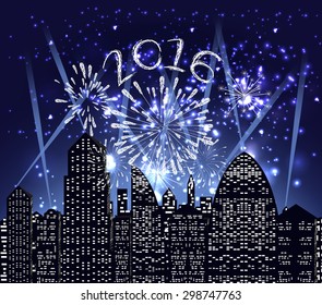 happy new year 2016 with firework city at night