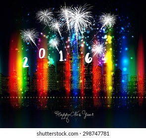 happy new year 2016 with firework city at night