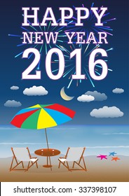 Happy New Year 2016 With Firework and night beach Background