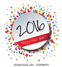Happy New Year 2016 flat label and stamp with confetti. 
2016 Merry Christmas card and background.
Vector illustration.