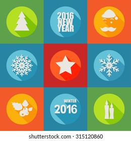 Happy New Year 2016 flat icons set with berry, christmas tree, 
star, candles, snowflakes and Santa. Vector Illustration. 
Long Shadow. Flat style.