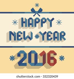 Happy New Year 2016. Flat illustration with the font in a blue ribbon form