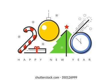 Happy New Year 2016 flat line design concept for greeting card, post card & web banner. Horizontal layout.