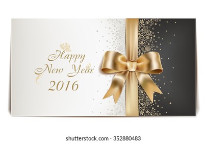 happy new year 2016 , floral greeting card for 2016 with  golden ribbon
