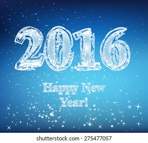 Happy New Year. 2016. The font in the form of ice and icicles. In the background falling snowflakes. Image. Vector. Illustration.