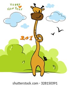 Happy New Year 2016 / Funny giraffe vector illustration winking giraffe character