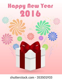Happy New Year 2016 with gift box and abstract fireworks.
