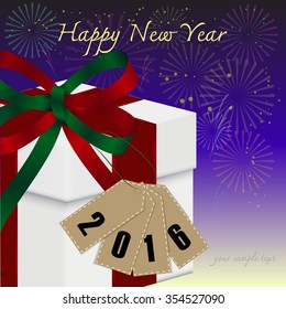 Happy new year 2016 with gift box and fireworks