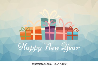 happy new year 2016 and gift box on vintage polygon pattern background (vector)