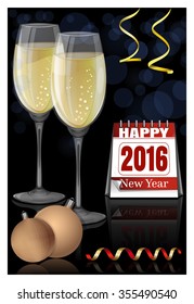 Happy New Year 2016.  Glasses of champagne, Christmas balls and calendar on a black background. Vector Christmas card.