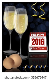 Happy New Year 2016.  Glasses of champagne, Christmas balls and calendar on a black background. Vector Christmas card.
