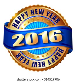 Happy New Year 2016 golden label and stamp with ribbon. 
Vector illustration.