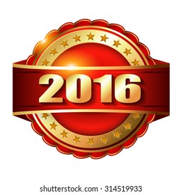 Happy New Year 2016 golden label and stamp with ribbon. 
Vector illustration.