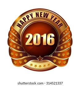 Happy New Year 2016 golden label and stamp with ribbon. 
Vector illustration.