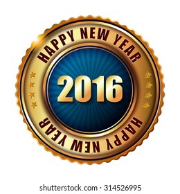 Happy New Year 2016 golden label and stamp with ribbon. 
Vector illustration.
