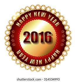 Happy New Year 2016 golden label and stamp with diamonds. Vector illustration.