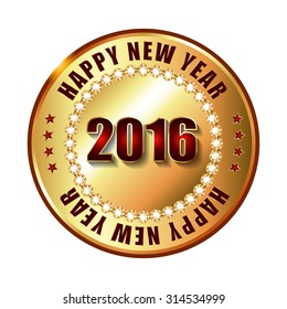 Happy New Year 2016 golden label and stamp with diamonds. Vector illustration.