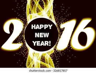 Happy new year 2016 golden glitter party poster abstract layout with circle surrounded by flare shimmering particle luxurious pattern. Vector illustration