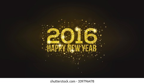 Happy New Year 2016 Golden Greeting Card. Party poster, banner or invitation. Number  formed by glowing gold dust. Vector Illustration