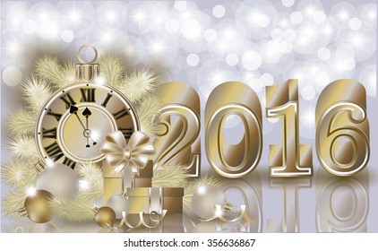 Happy New year 2016 golden banner, vector illustration