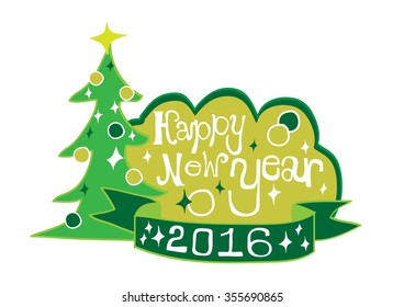 Happy new year 2016 graphic with Christmas tree and star in green tone