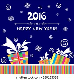 Happy new year 2016! Greeting card with gift box. vector illustration