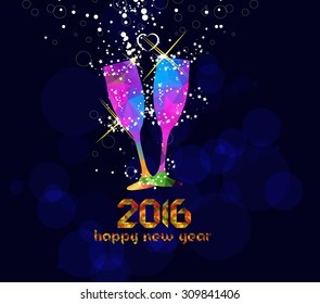 Happy new year 2016 greeting card or poster design with colorful triangle glass