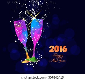 Happy new year 2016 greeting card or poster design with colorful triangle glass