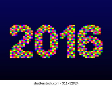 Happy New Year 2016 greeting card made in art pixel. Vector illustration for holiday design. Party poster, greeting card, banner or invitation.