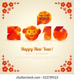 Happy New Year 2016 Greeting Card with Monkey. Vector illustration. Chinese Decorative Floral Sakura Frame.