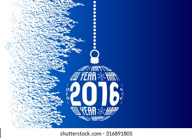 Happy New Year 2016 greeting card, blue white ice background with christmas ball and with place for text