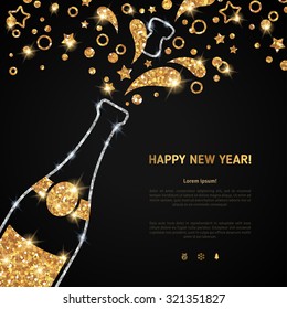 Happy new year 2016 greeting card or poster design with shining glittering gold champagne explosion bottle and place for your text message. Vector illustration. Glowing starts and particles splash. 