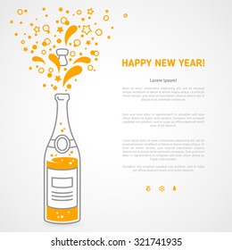 Happy new year 2016 greeting card or poster design with minimalistic line flat champagne explosion bottle and place for your text message. Vector illustration. Stars and particles foam splash. 