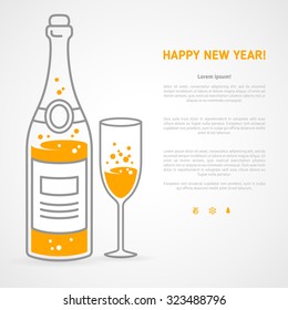 Feliz año nuevo 2016, diseño de tarjetas de felicitación o afiches con botella de champán plana minimalista y vidrio, lugar para tu mensaje de texto. Ilustración vectorial.