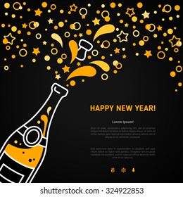 Happy New Year 2016 greeting card or poster design with minimalistic line flat champagne explosion bottle and place for your text message. Vector illustration. Stars and particles foam splash.