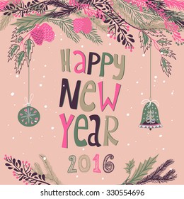 Happy new year 2016 greeting card with branch, balls, snowflake.   Decorative ornamental hand drawn card. Perfect for decorations festivals, Xmas, holiday celebration. Vector illustration