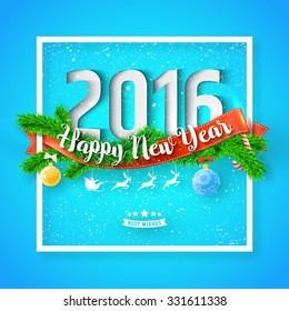 Happy New Year 2016 greeting card with red ribbonm, xmas tree and snow in frame on blue background. Vector illustration for your modern design.