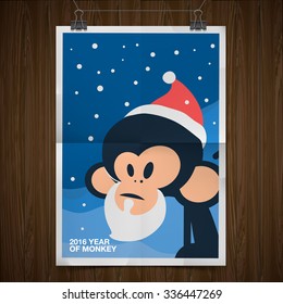 Happy New Year 2016 Greeting Card, Year of Monkey, vector illustration.