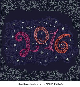 Happy new year 2016 greeting card design element. Decorative ornamental hand drawn inscription. Dark backdrop. Perfect for decorations festivals, Xmas, holiday celebration
