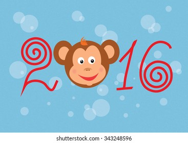 Happy New Year 2016 Greeting Card, Year of the Monkey. Symbol of 2016. Monkey Head with the numbers of the year. New Year's Banner design. Vector illustration.