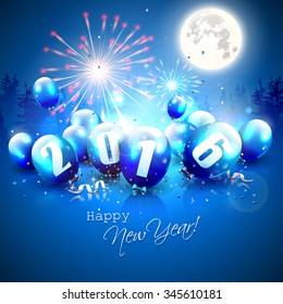 Happy New Year 2016 - Greeting card with blue balloons and fireworks on the background