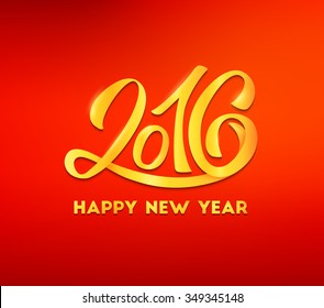 Happy New Year 2016 greeting card design template with golden typography text from paper or yellow foil on red blurred vector background