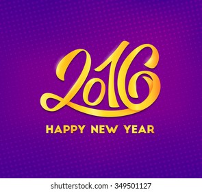 Happy New Year 2016 greeting card design template with golden typography text from paper or yellow foil on purple blurred vector background with halftone overlay texture