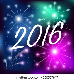 Happy New Year 2016 Greeting Card In Colorful Fireworks Theme : Vector Illustration