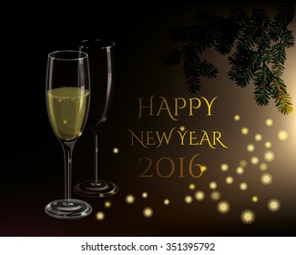 Happy New year 2016 greeting card. Two glasses with champagne on a dark background, vector illustration.