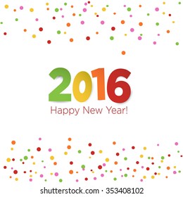 Happy New Year 2016 greeting card with colorful  multicolor confetti.