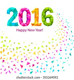 Happy New Year 2016 greeting card with colorful triangle shape multicolor confetti.