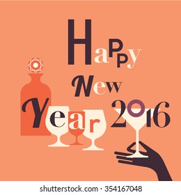 Happy New Year 2016 greetings text made of retro glasses and bottles.